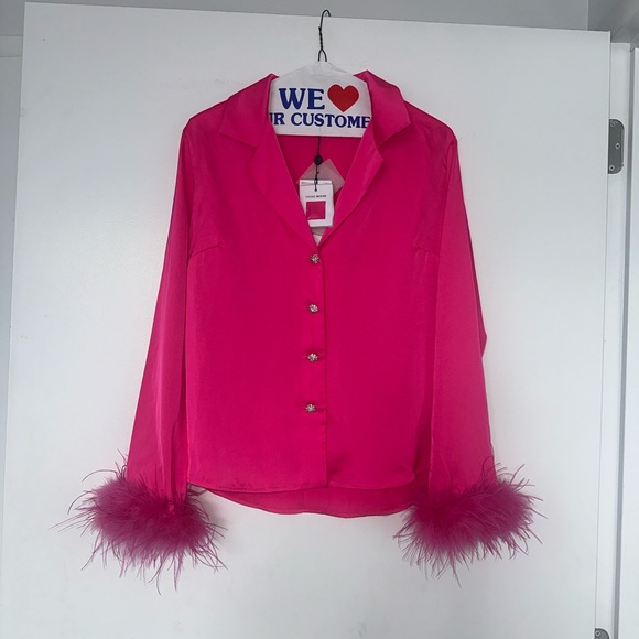 Gorgeous NADINE MERABI Taylor feather blouse w/rhinestone buttons. - Picture 10 of 13